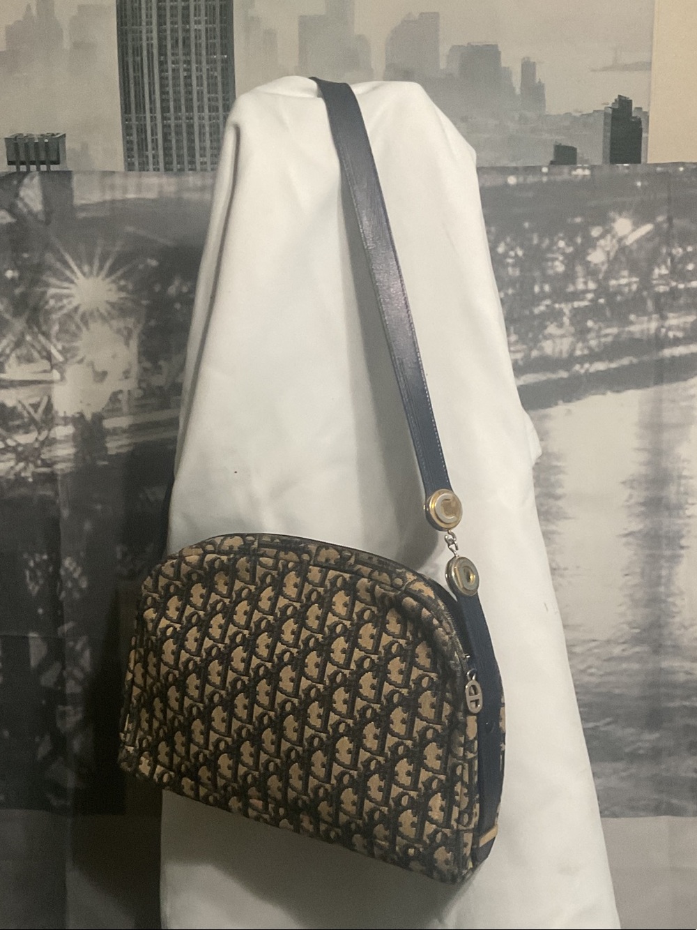 Authentic Dior Monogram Crossbody Bag in Brown and Navy